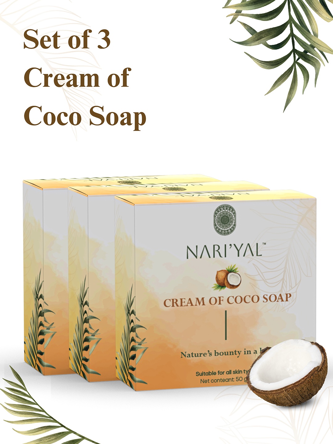 

NARIYAL Set Of 3 Cream Of Coco Soap with De-Tan Properties- 50g each, White