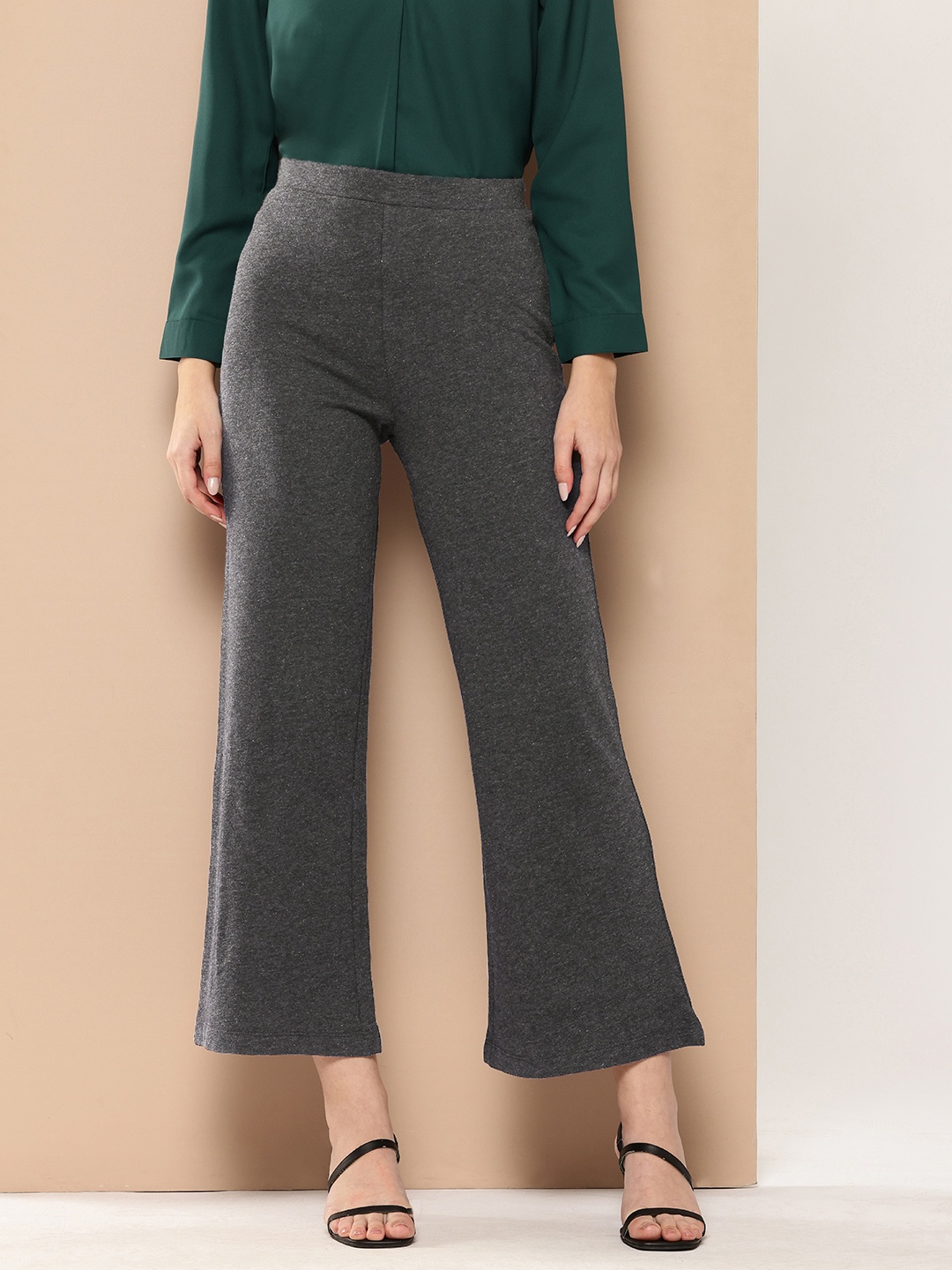 

her by invictus Women Bootcut Flared Cropped Trousers, Grey melange