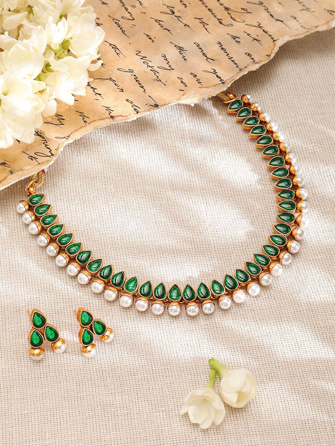 

Rubans 22K Gold-Plated Green Stone & Pearl Beaded Traditional Jewellery Set