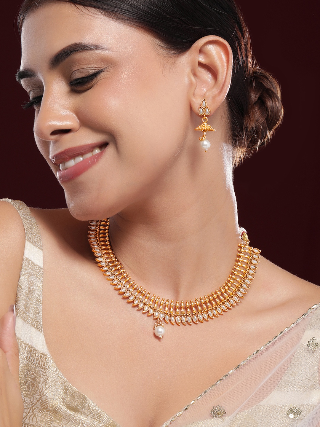 

Rubans 22K Gold-Plated White Kundan & Pearl Drop Traditional Jewellery Set