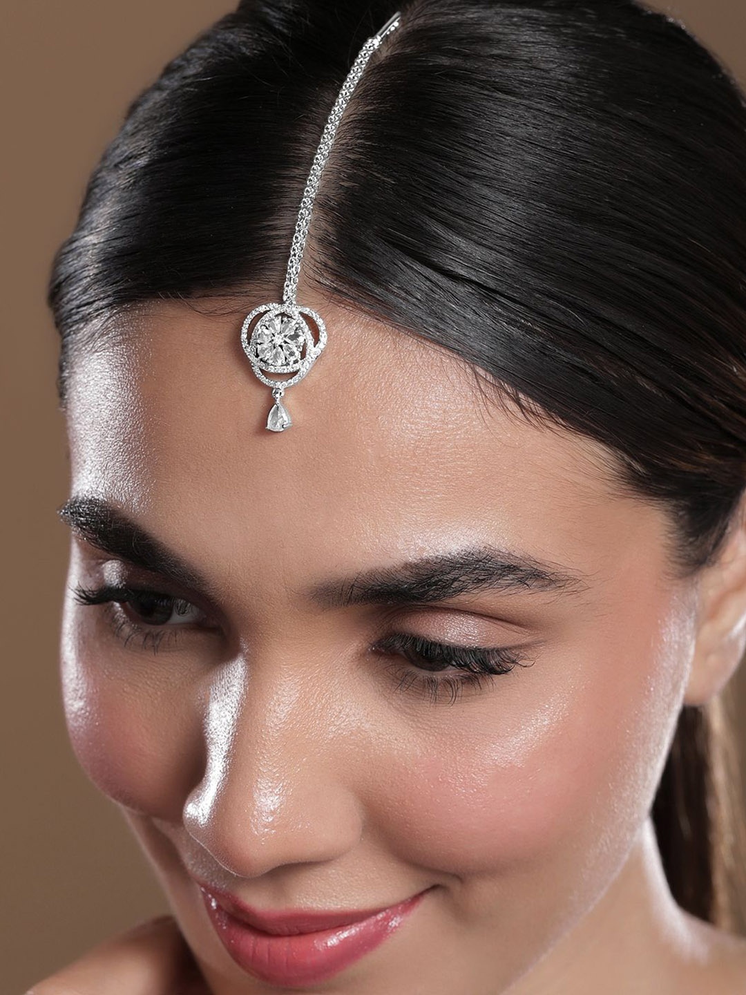 

Rubans Rhodium-Plated White Cubic Zirconia Studded Statement Maang Tikka, Silver