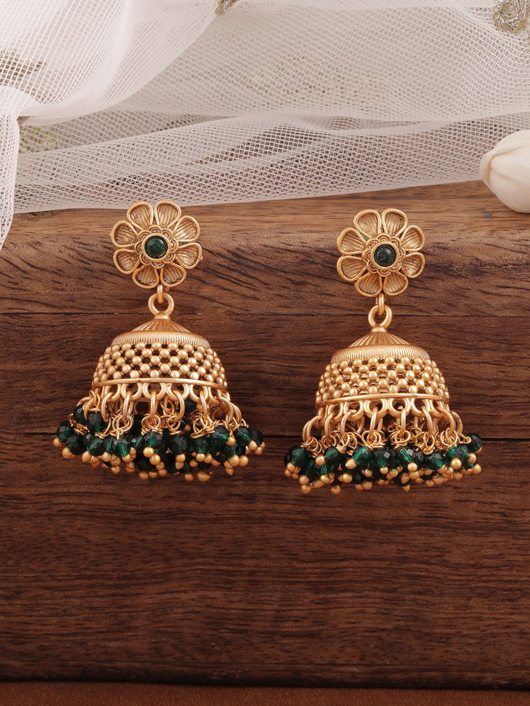 

Rubans 18K Gold Plated Green Beaded Floral Motif Jhumka Earrings