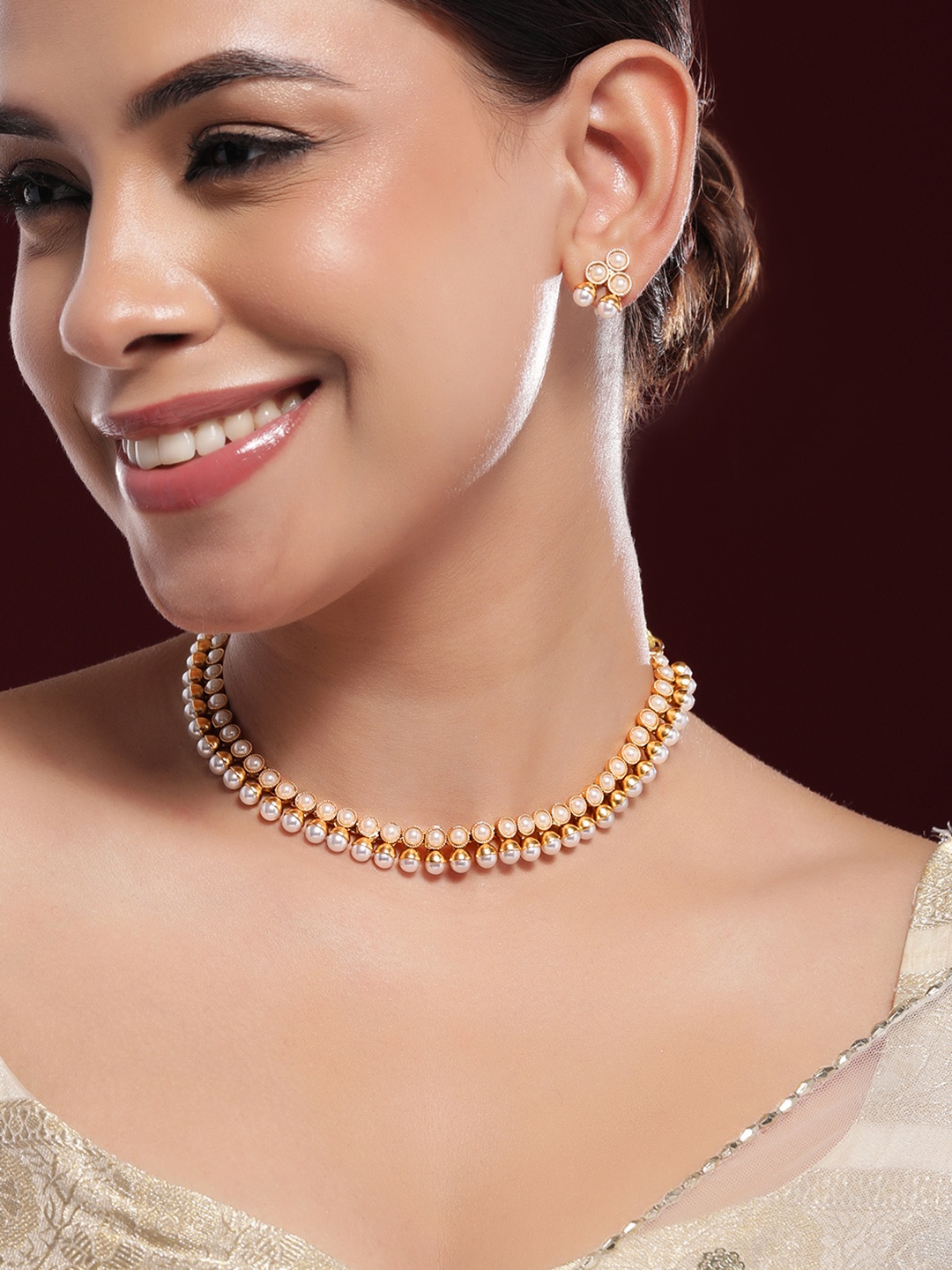 

Rubans 22K Gold-Plated White Pearl Beaded Traditional Jewellery Set