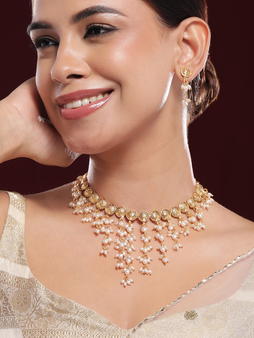 

Rubans 22K Gold-Plated Coin Motif Necklace with White Beaded Pearl Dangling