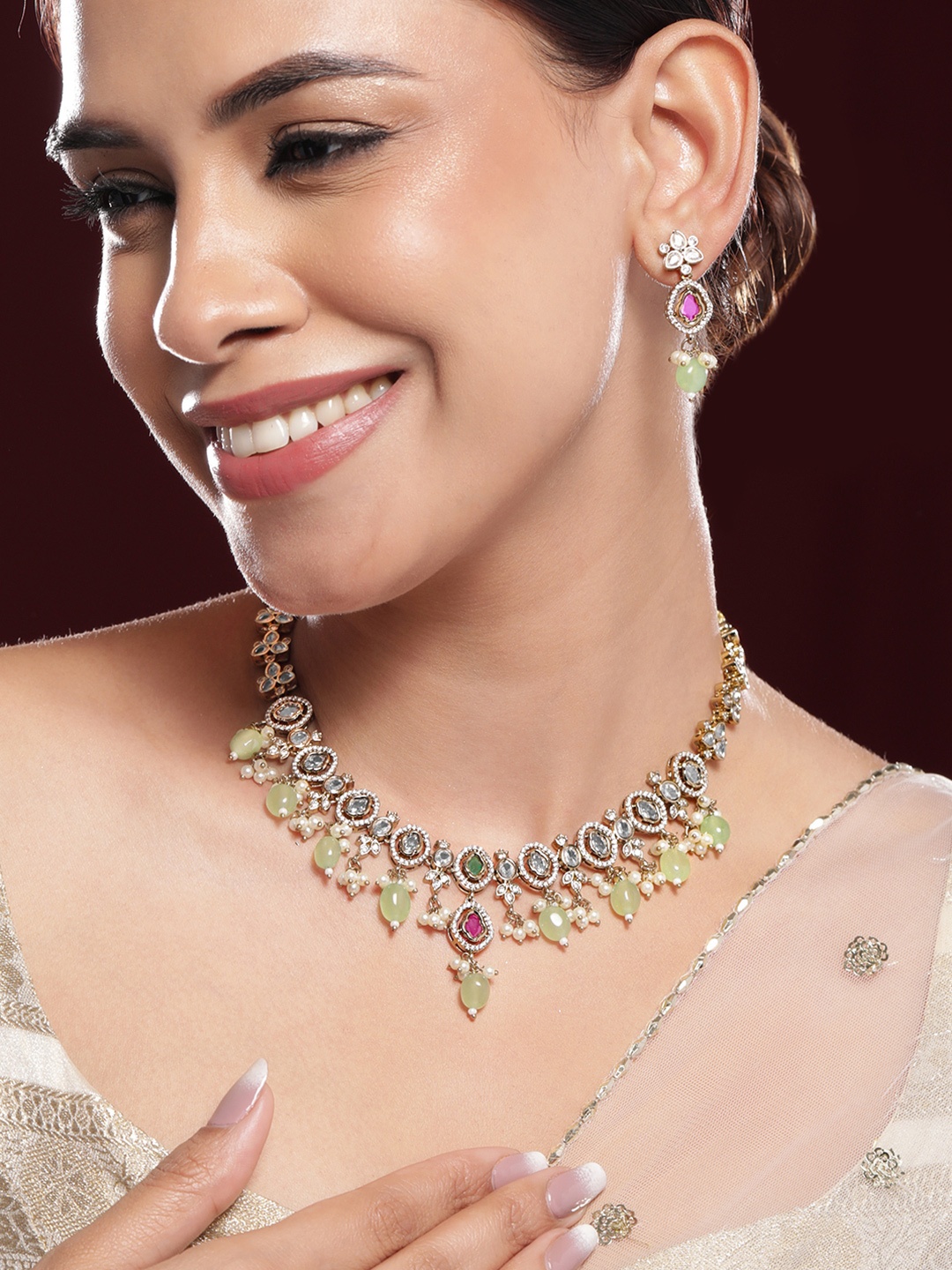 

Rubans 22K Gold-Plated Kundan Pink Stone & Green Beaded JewellerySet with Pearl & CZ Drop