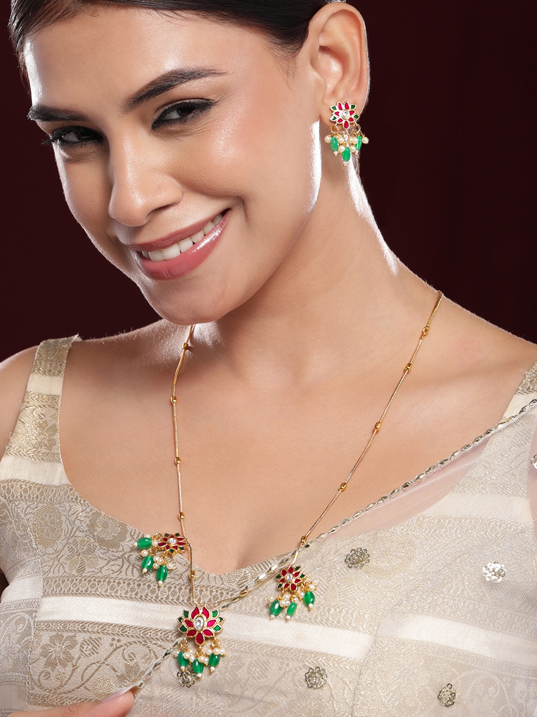 

Rubans 22K Gold-Plated Pink & Green Kundan Stone Long Necklace Set with Earrings