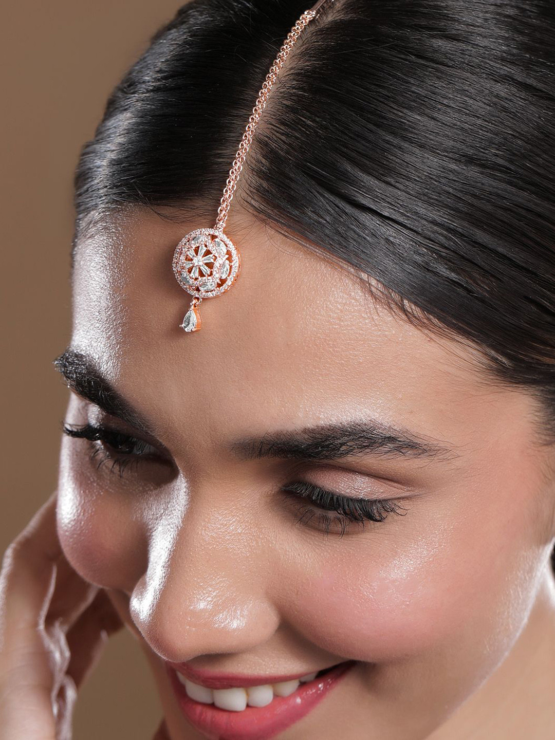 

Rubans 18K Rose Gold-Plated White & Cubic Zirconia Studded Maang Tikka
