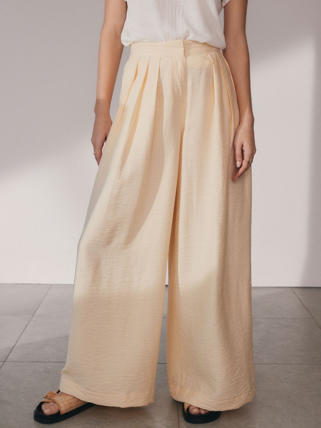 

NEXT Women Crushed Pleated Wide Leg Trousers, Cream