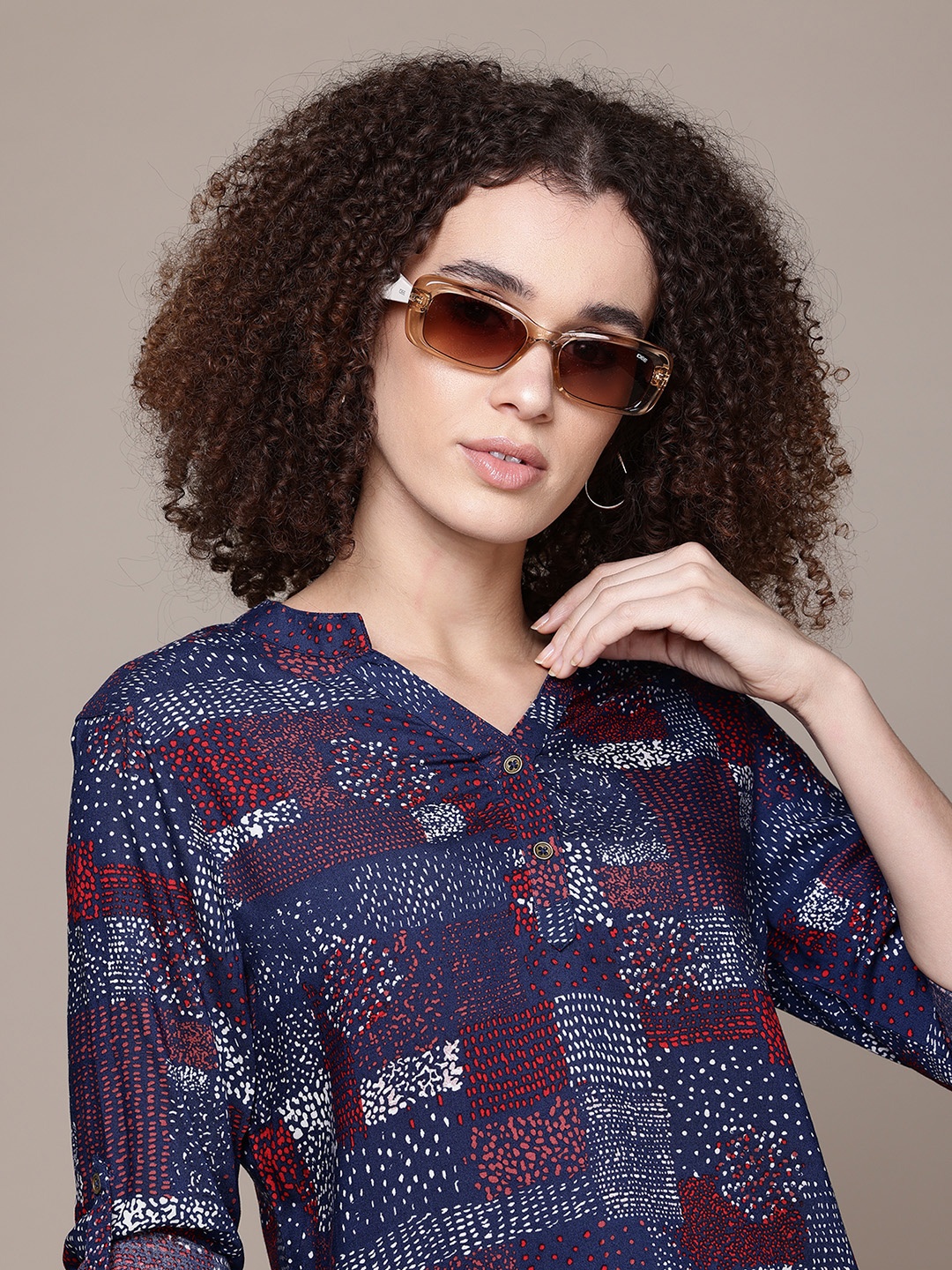 

Roadster Print Mandarin Collar Roll-Up Sleeves Shirt Style Top, Navy blue