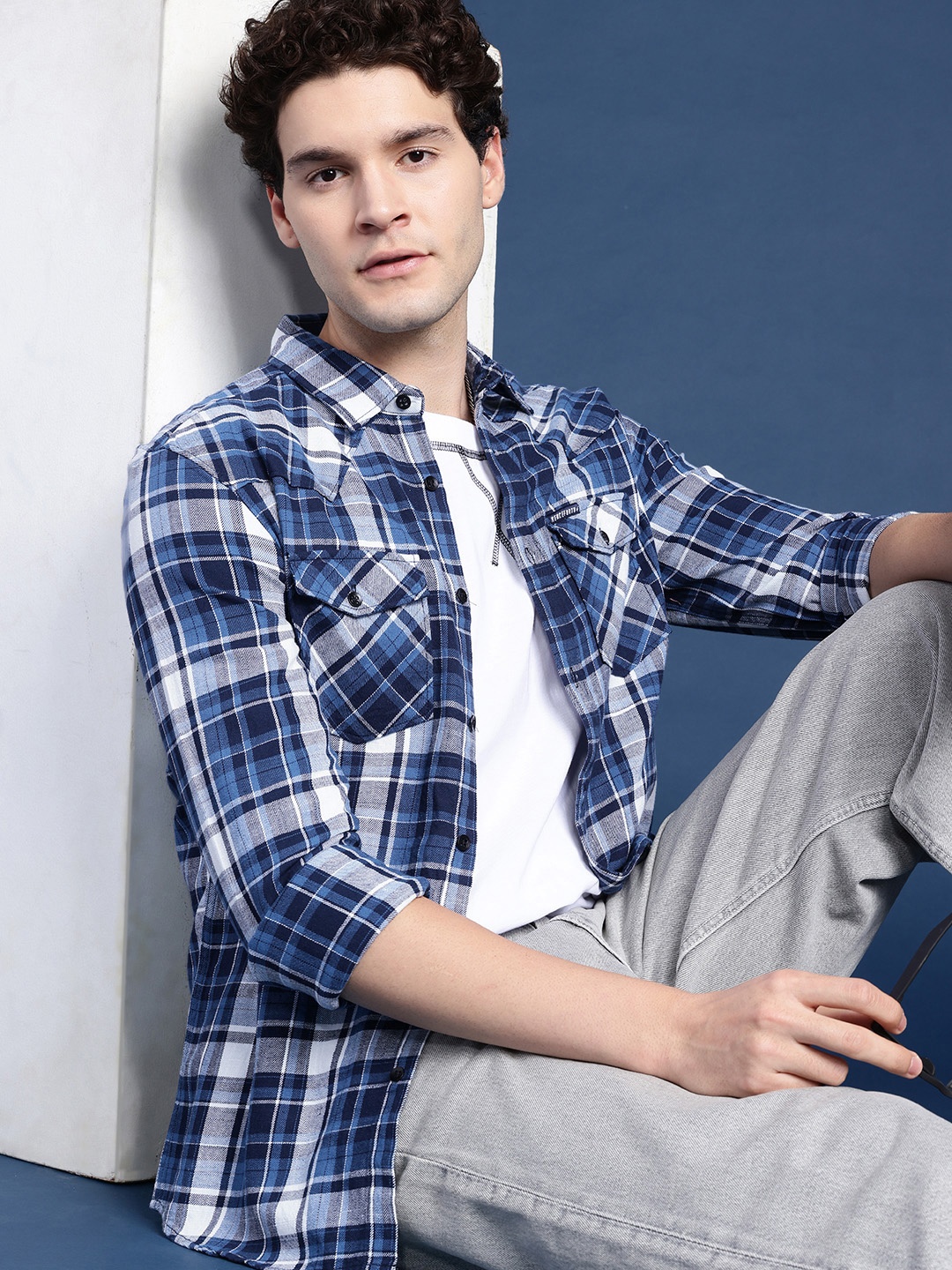 

Henceforth Tartan Checked Casual Shirt, Navy blue