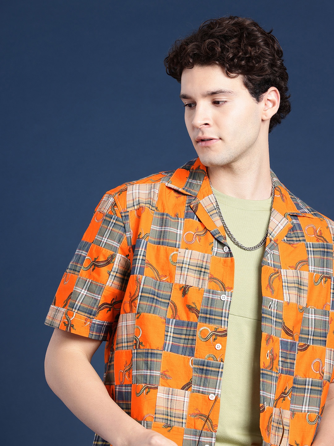 

Henceforth Patchwork Madras Checked Boxy Casual Shirt, Orange
