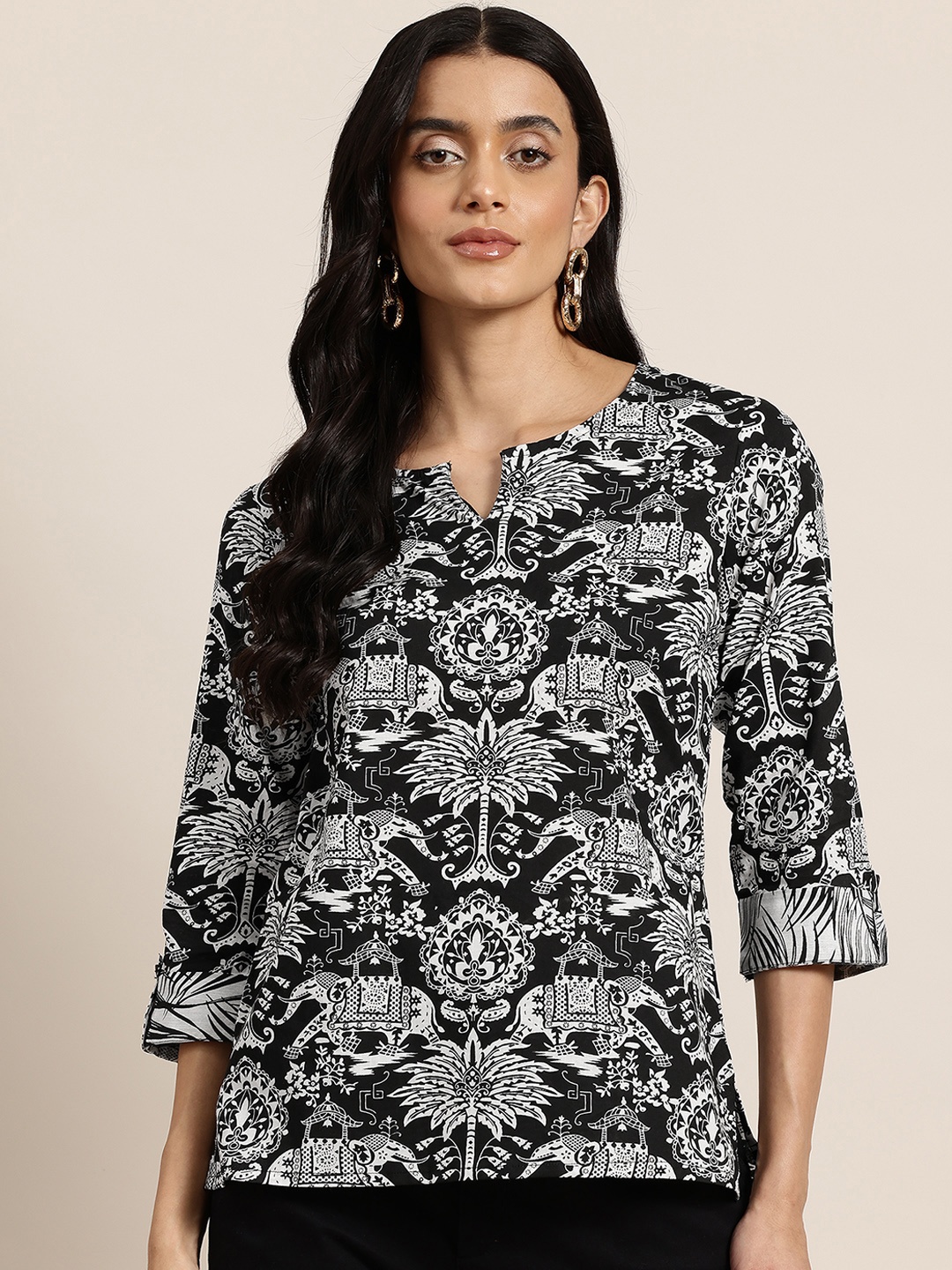 

HERE&NOW Printed Pure Cotton Kurti, Black