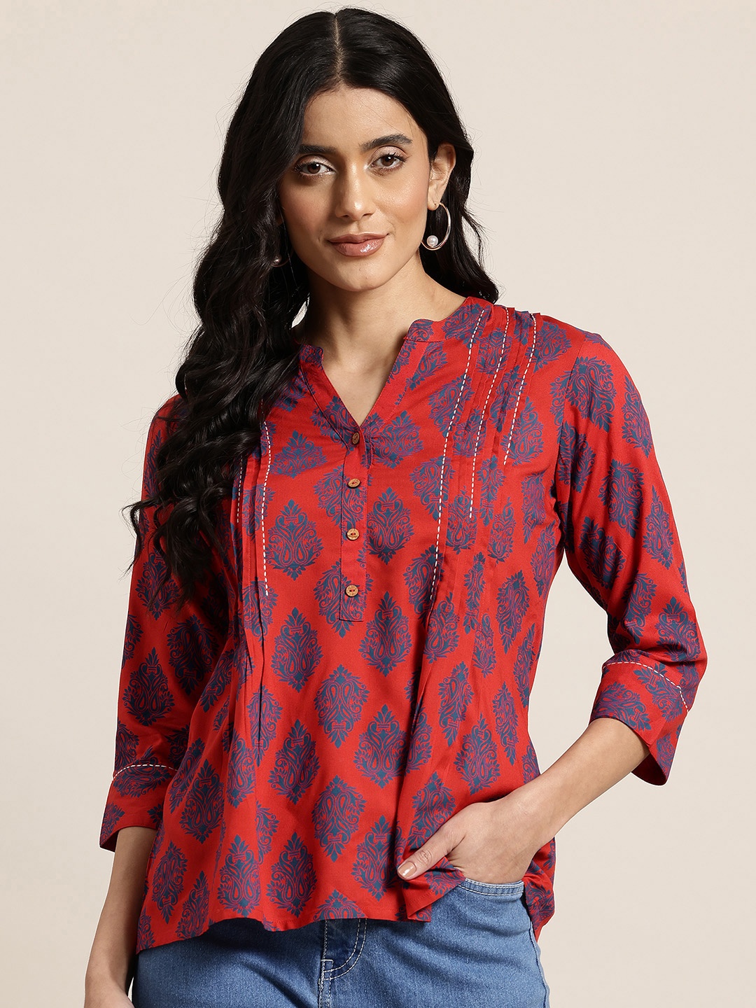 

HERE&NOW Floral Printed Kantha Work Kurti, Red