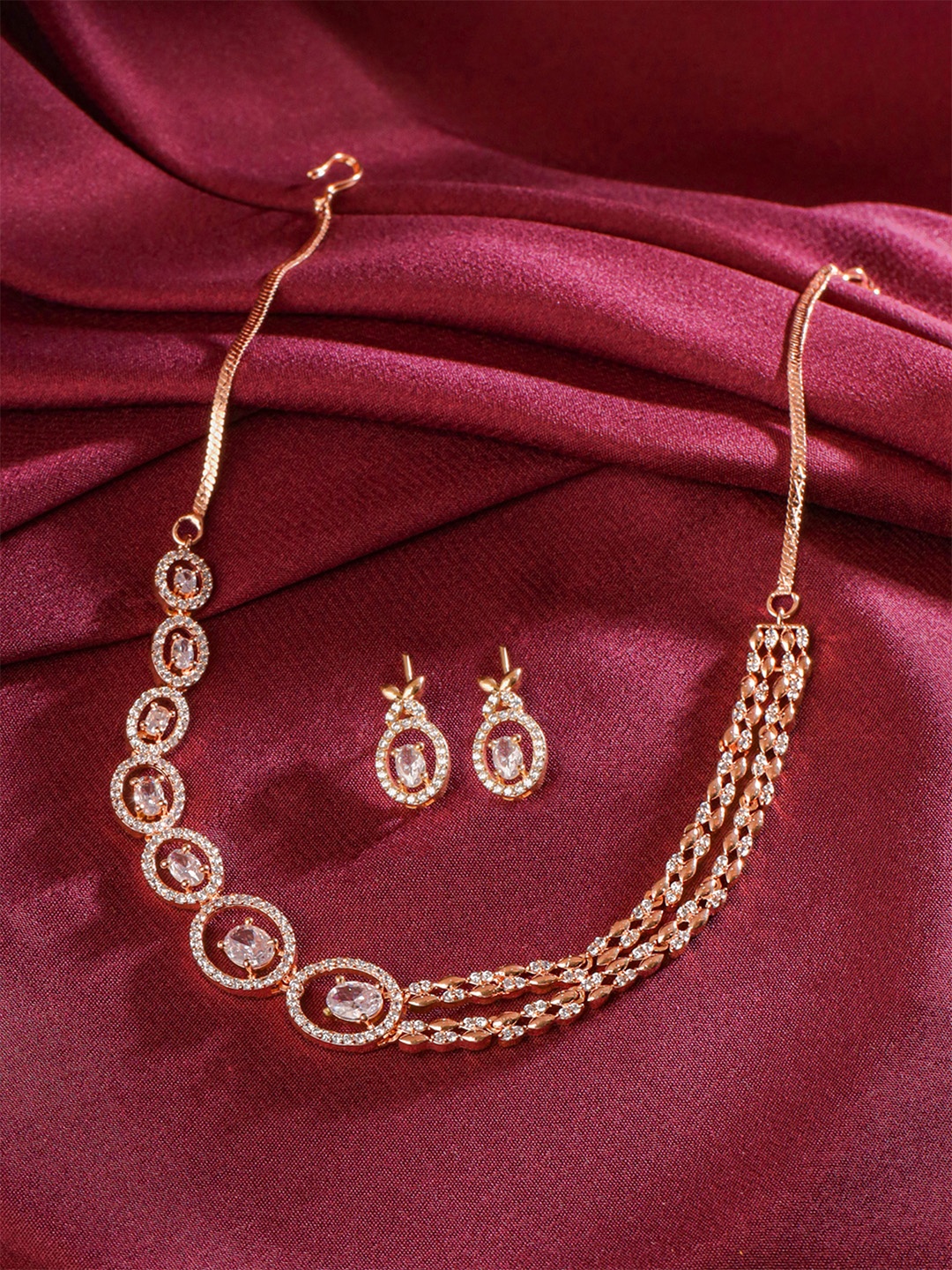 

Yellow Chimes Rose Gold-Plated American Diamond Studded Jewellery Set