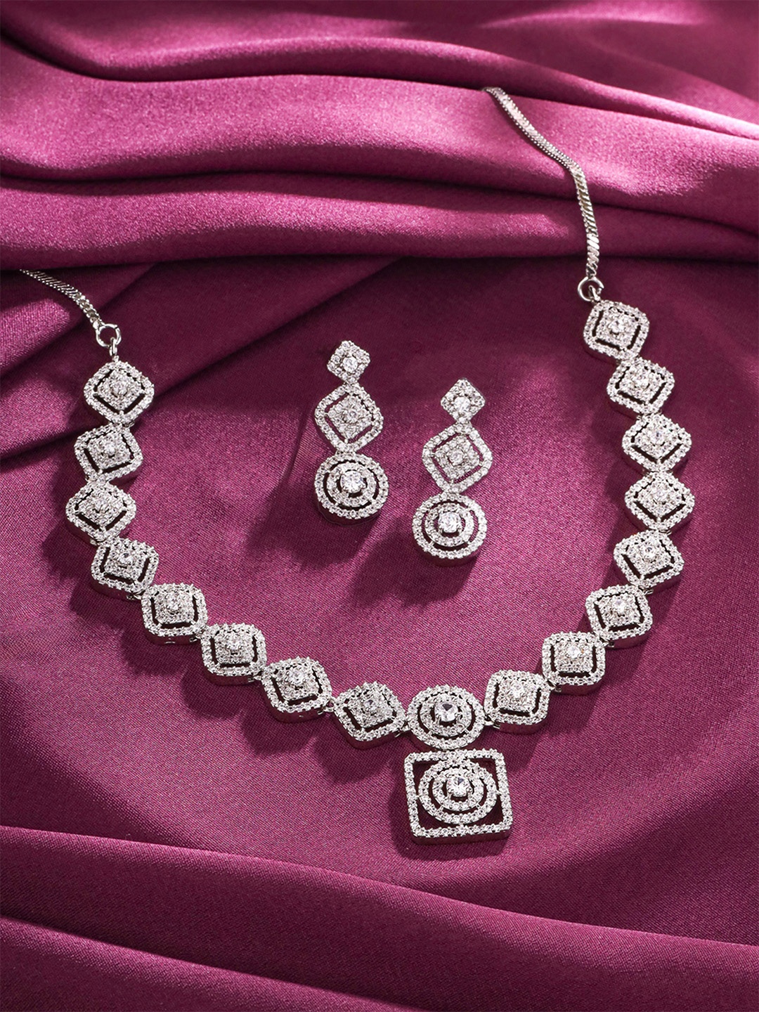

Yellow Chimes Rhodium -Plated Stone-Studded Jewellery Set, Silver