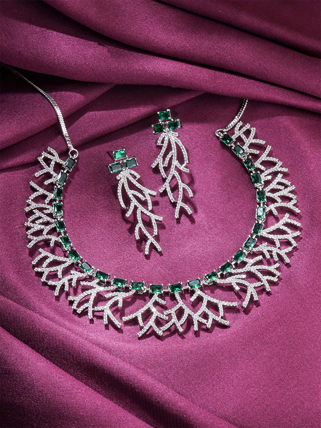 

Yellow Chimes Rhodium-Plated American Diamond Studded Jewellery Set, Silver