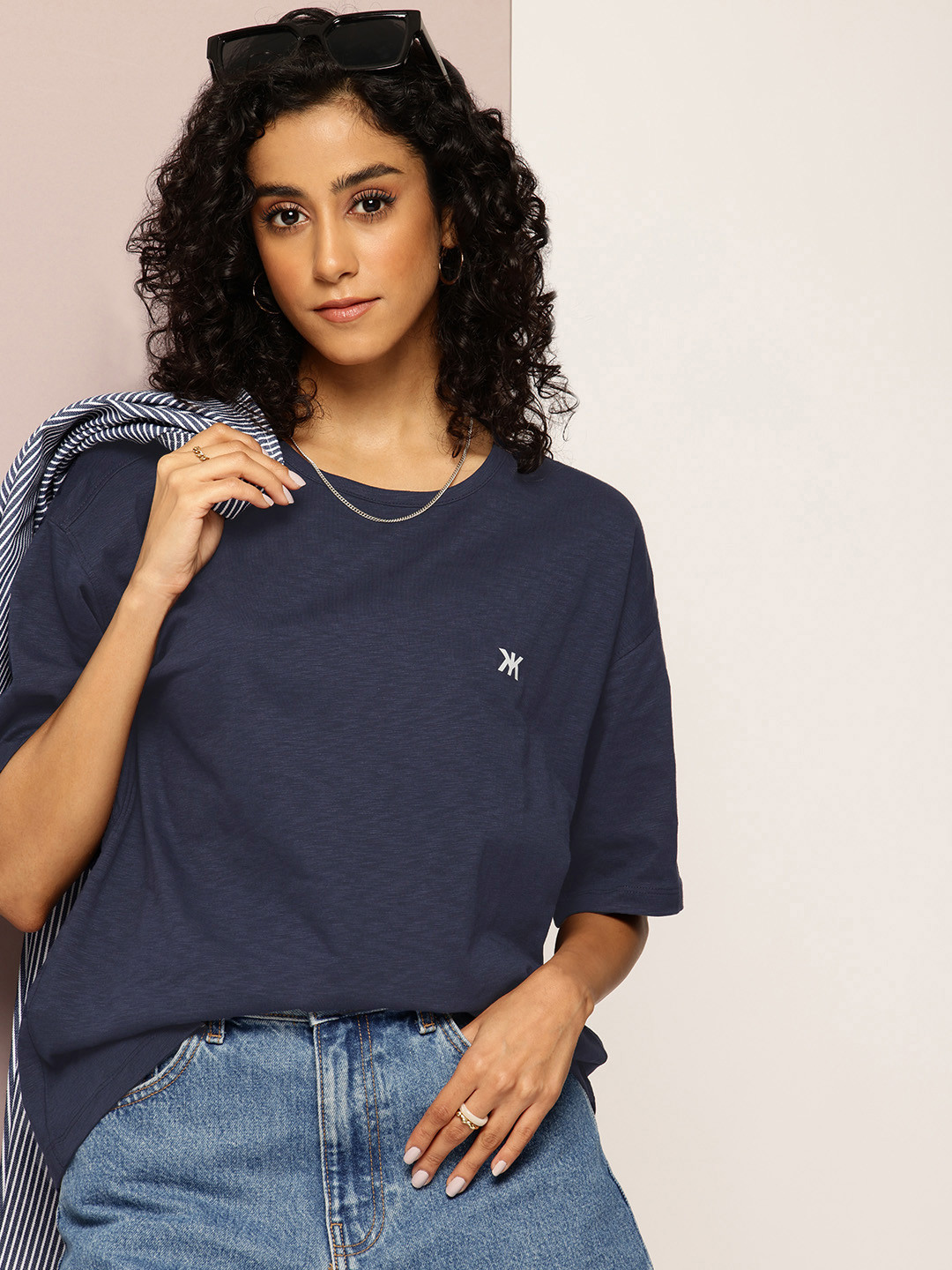 

Kook N Keech Drop-Shoulder Sleeves Oversized Pure Cotton T-shirt, Navy blue