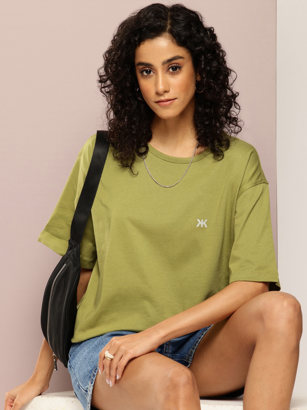 

Kook N Keech Drop-Shoulder Sleeves Oversized Pure Cotton T-shirt, Green