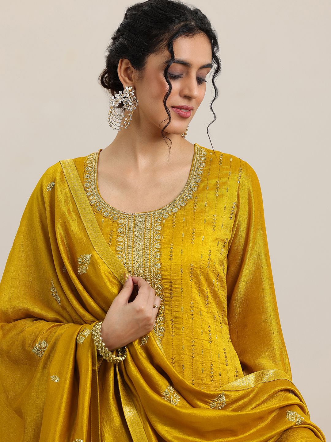 

Libas Ethnic Motifs Embroidered Sequinned Kurta with Palazzo & Dupatta, Mustard