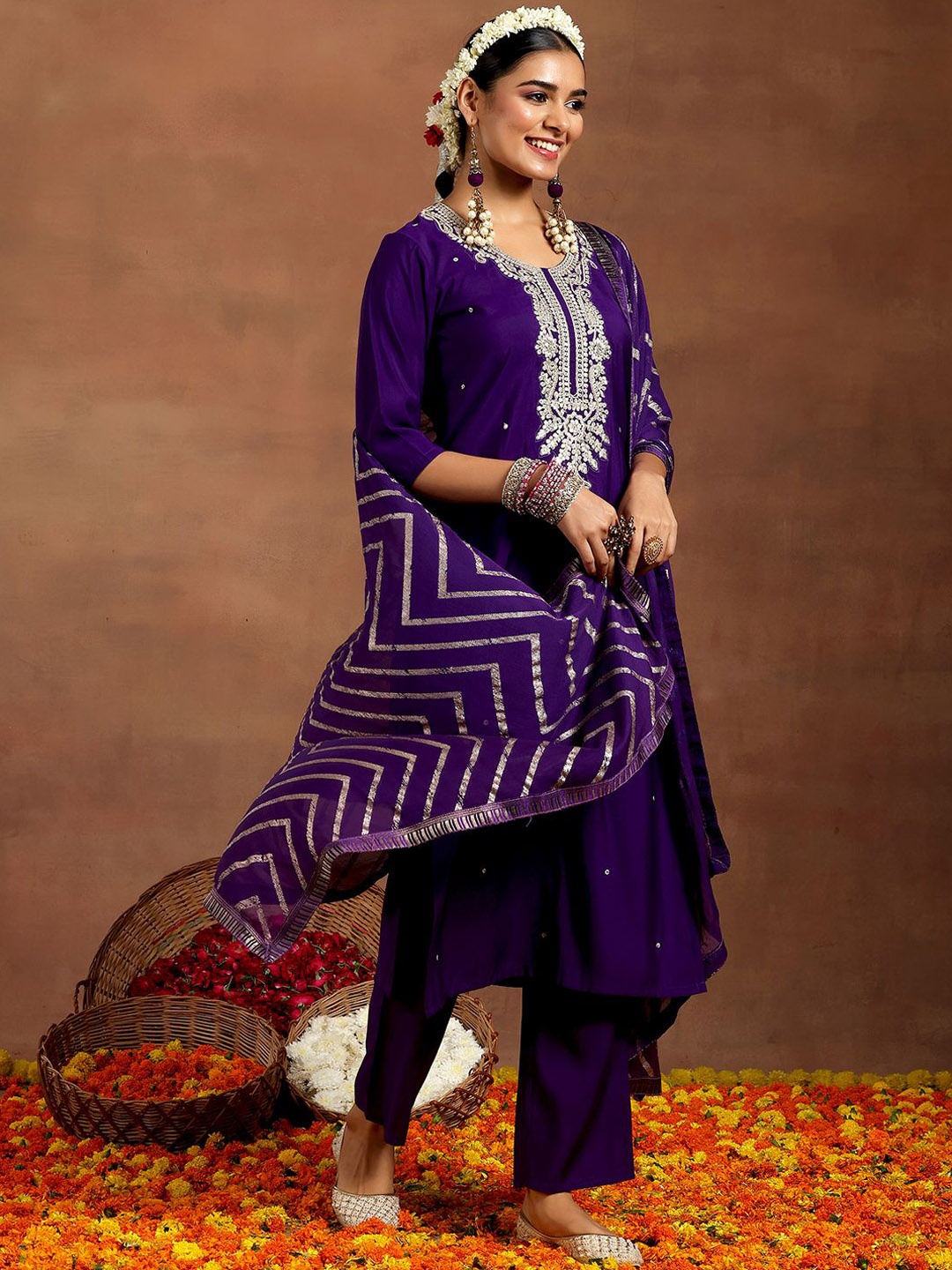 

Libas Floral Embroidered Kurta with Trouser & Dupatta, Purple