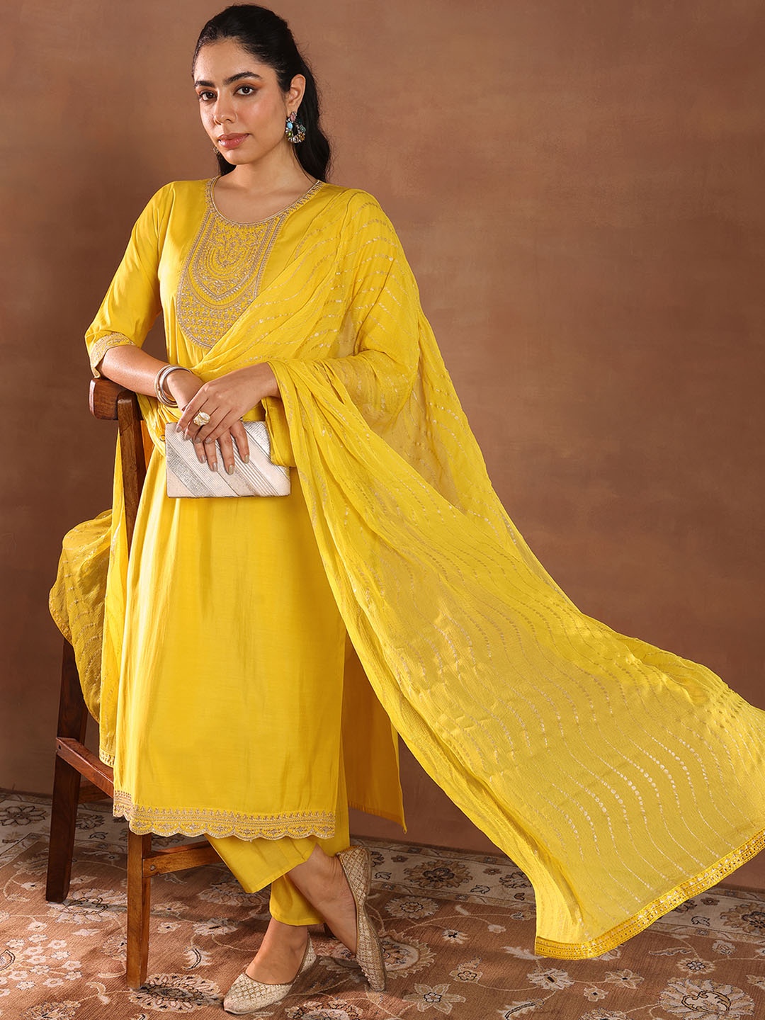 

Libas Floral Yoke Design Kurta with Trouser & Dupatta, Yellow