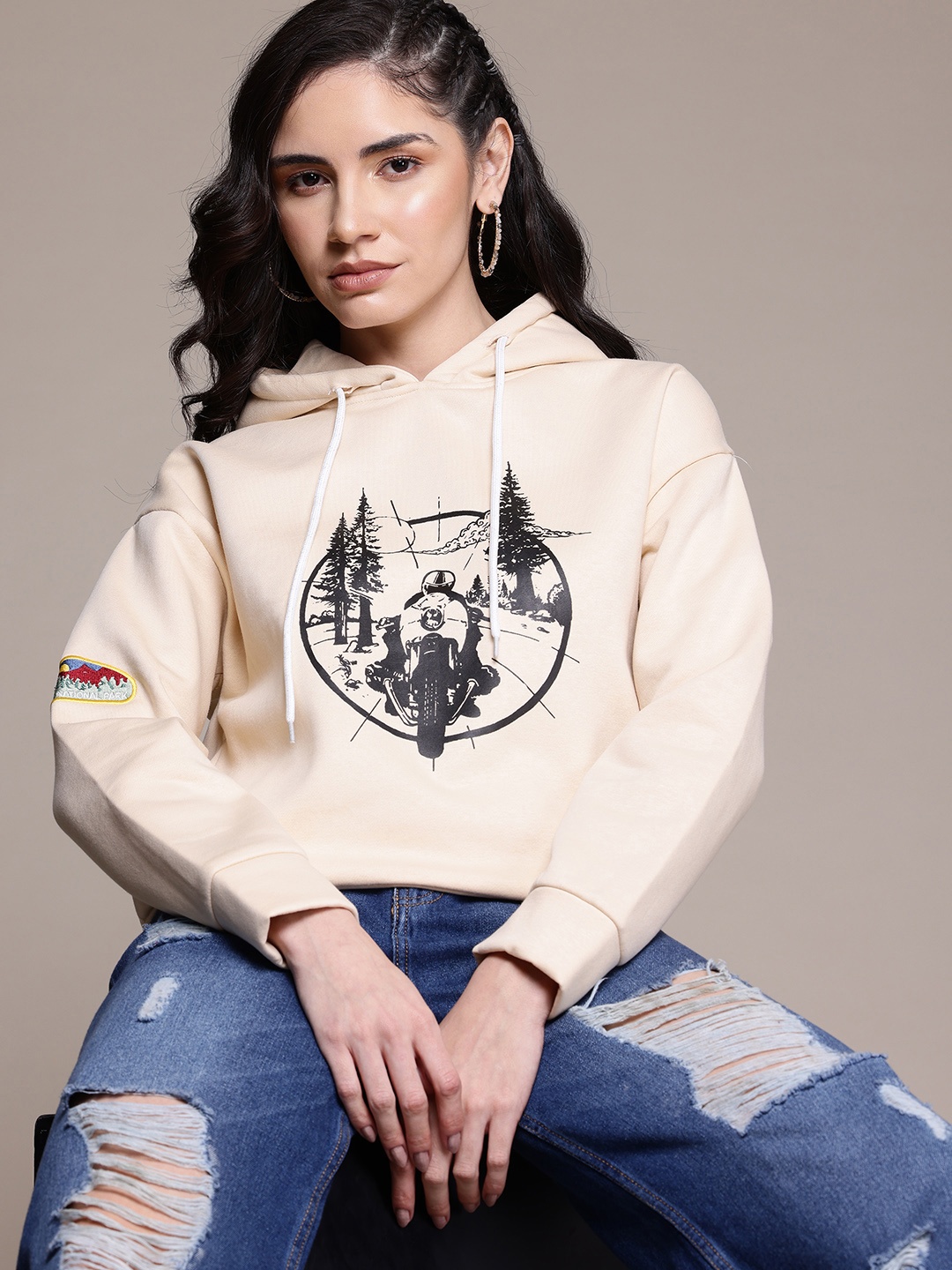 

Roadster Printed Fleece Hooded Sweatshirt, Beige