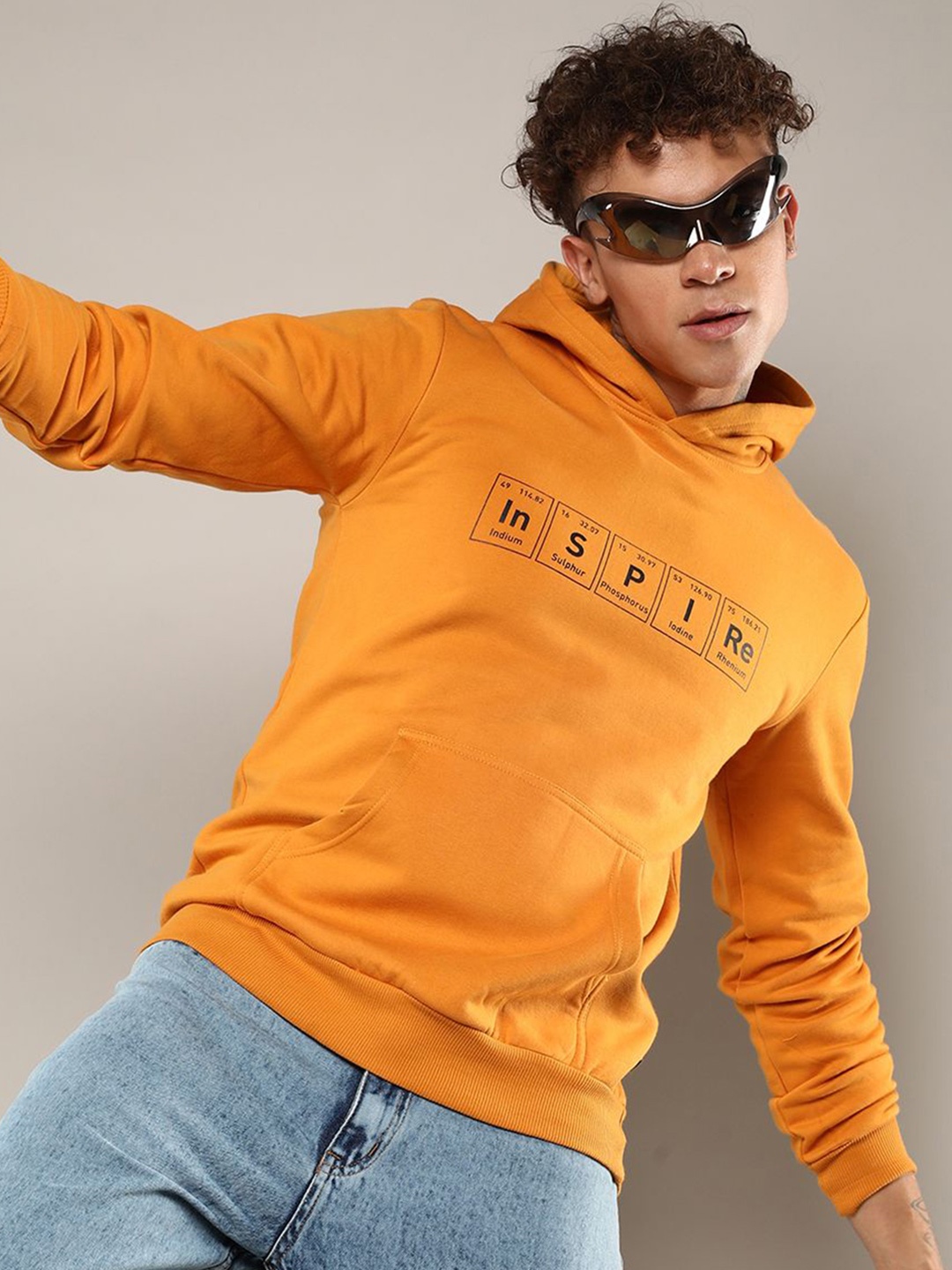 Campus Sutra Men Cotton Typography Printed Hooded Pullover Sweatshirt, Yellow