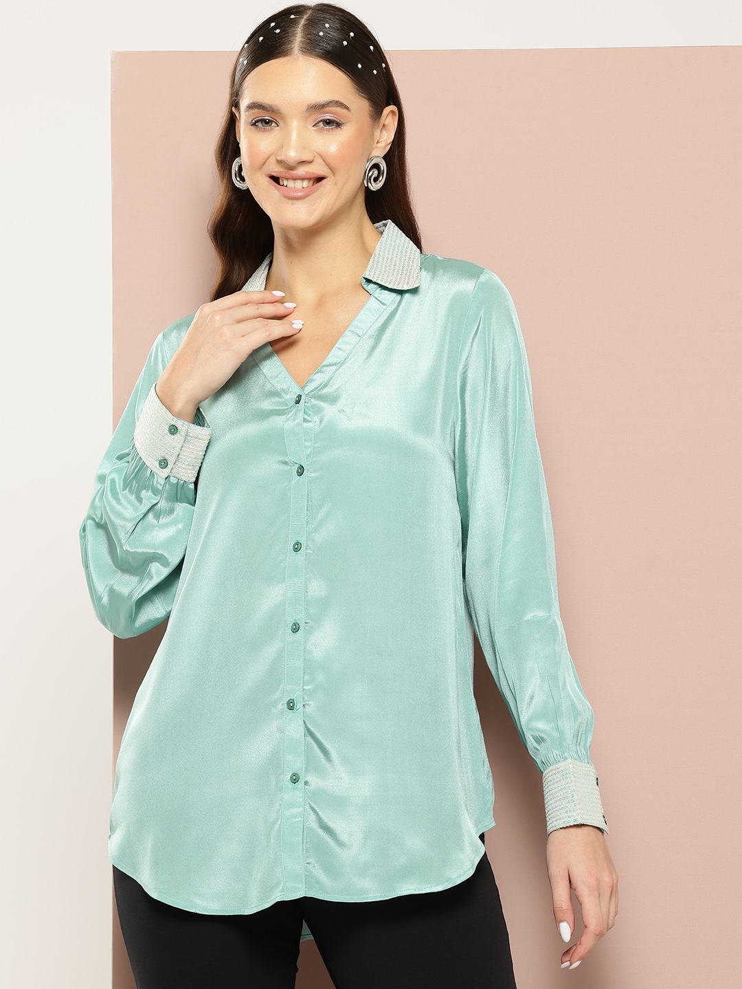 

Qurvii Comfort Embellished Longline Casual Shirt, Sea green