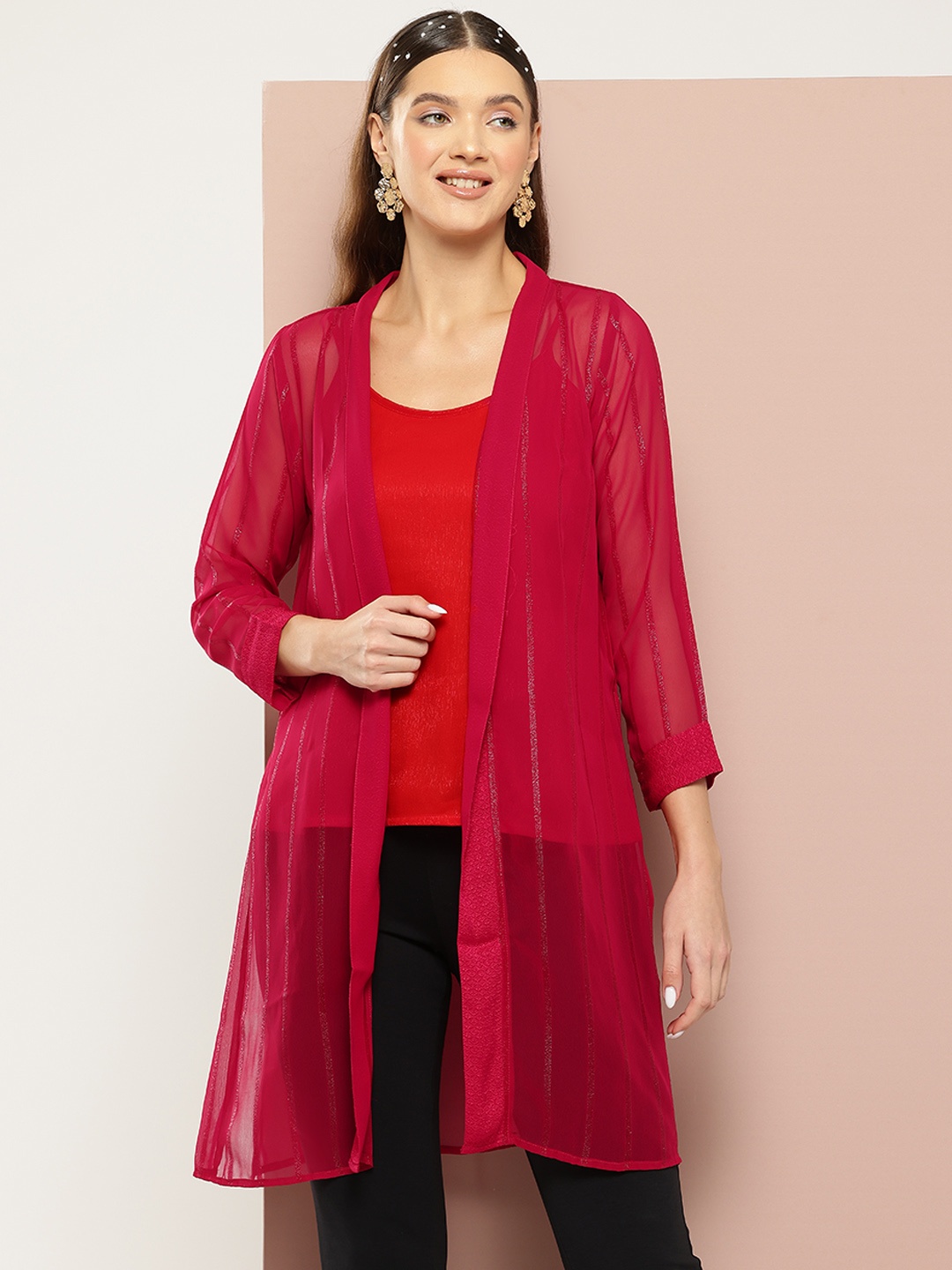 

Qurvii Striped Longline Shrug, Red