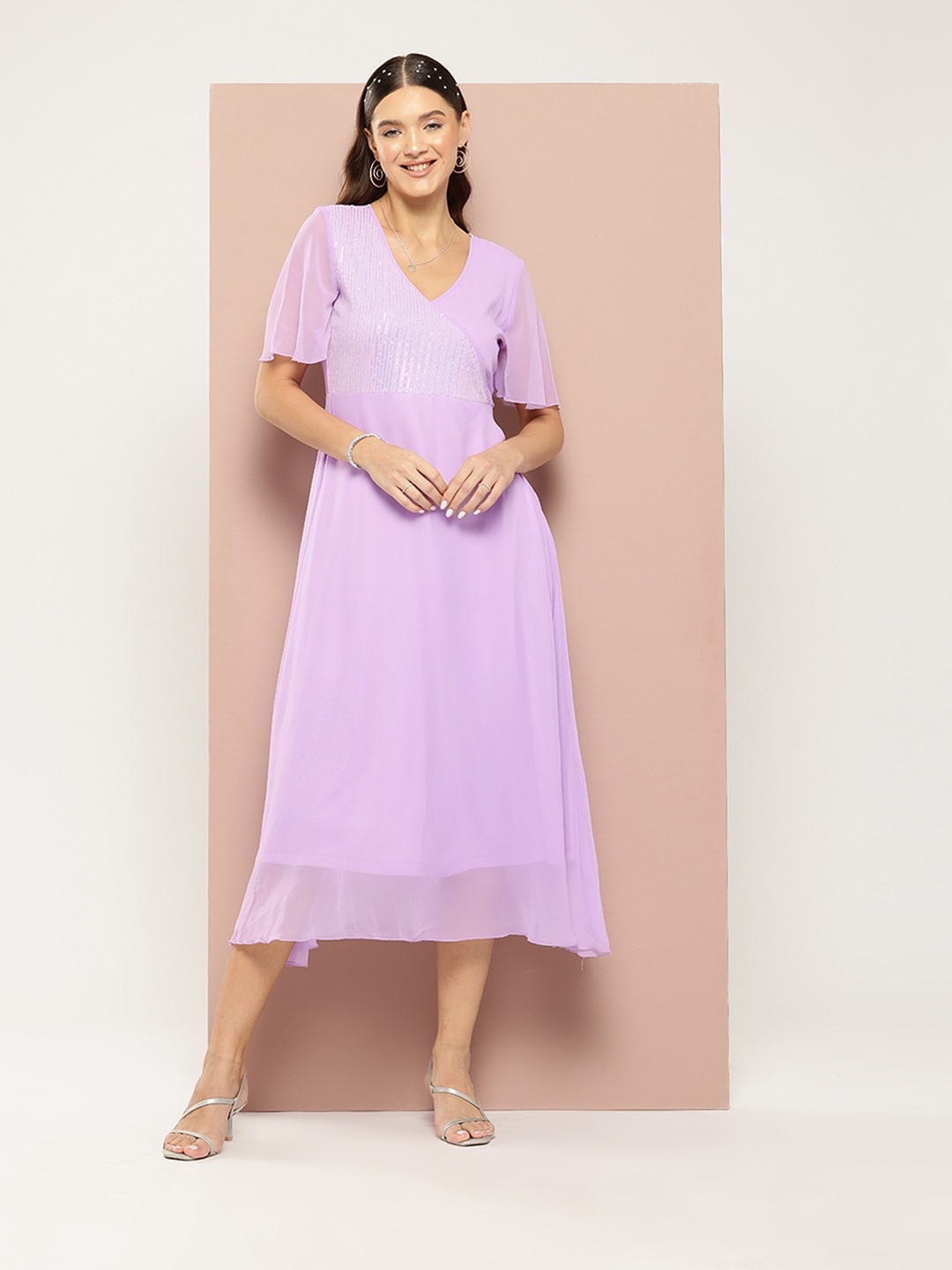 

Qurvii Flared Sleeve Georgette A-Line Midi Dress, Lavender