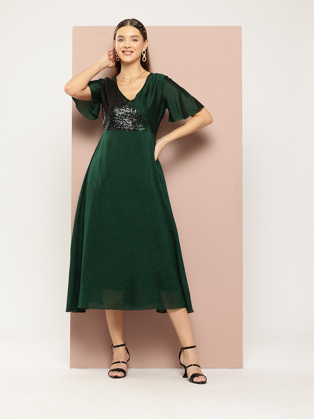 

Qurvii Sequined Silk A-Line Midi Dress, Green