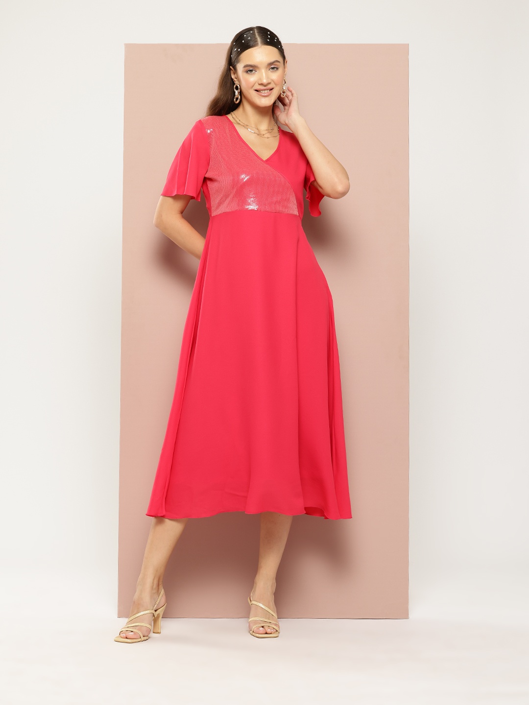 

Qurvii Sequined Georgette A-Line Midi Dress, Fuchsia