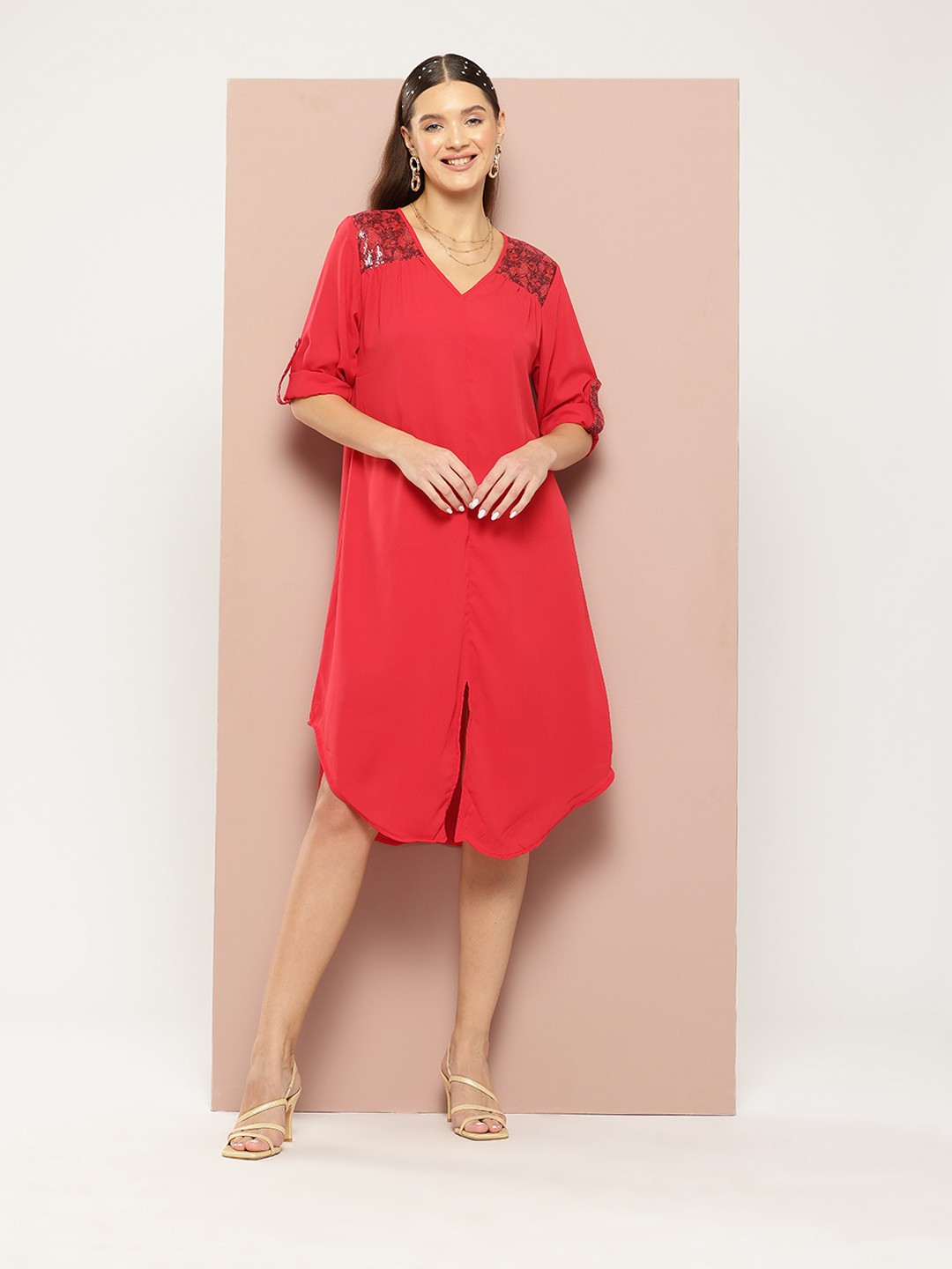 

Qurvii Crepe A-Line Dress, Red
