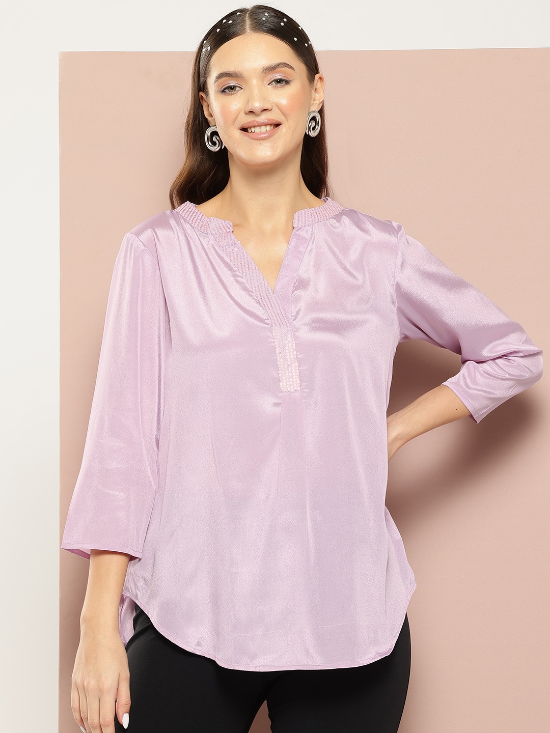 

Qurvii Comfort Embellished Longline Casual Shirt, Lavender