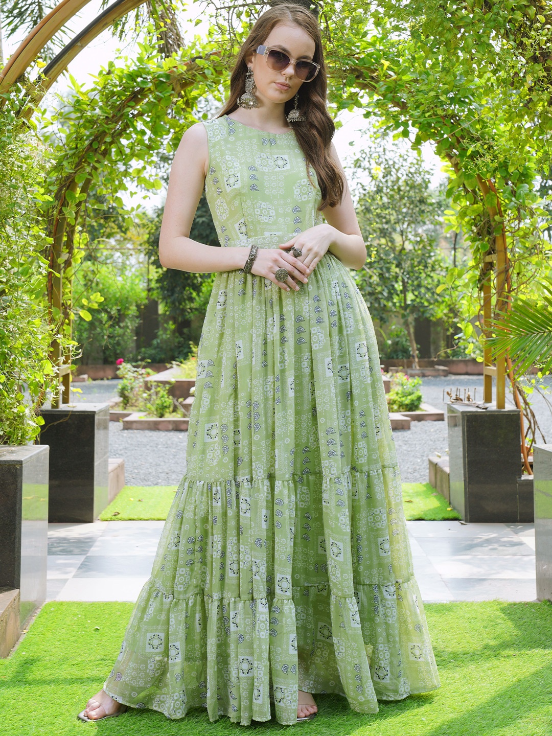 

Chandbaali Women Ethnic Motifs Printed Fit & Flare Maxi Dress, Green