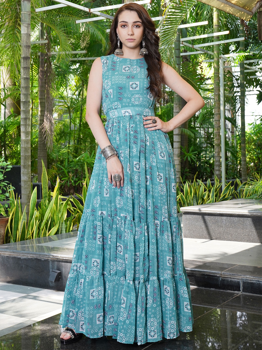 

Chandbaali Women Printed Tiered Georgette Maxi Stylish Dresses, Turquoise blue