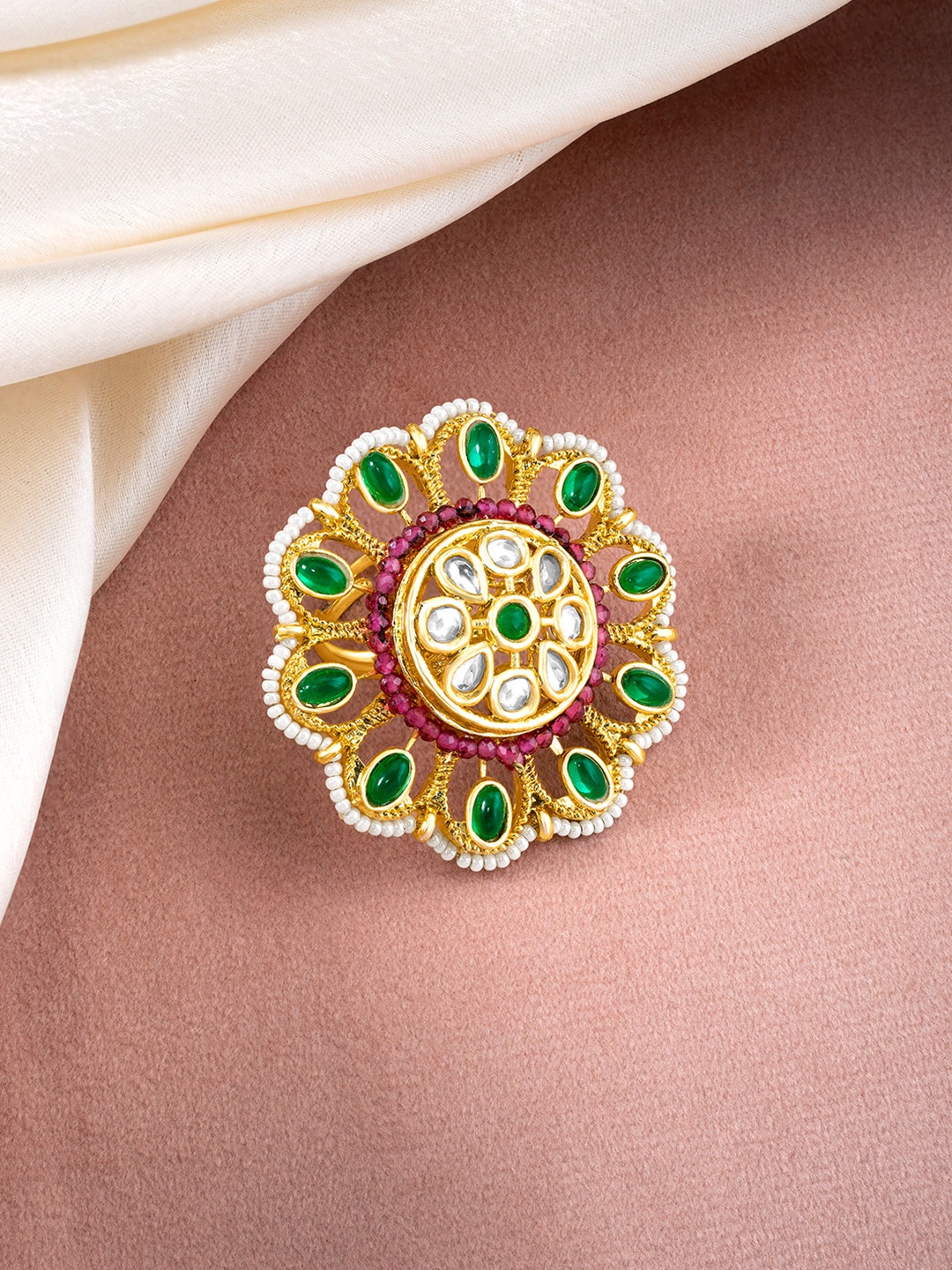 

Peora Gold-Plated Kundan Studded & Beaded Adjustable Finger Ring