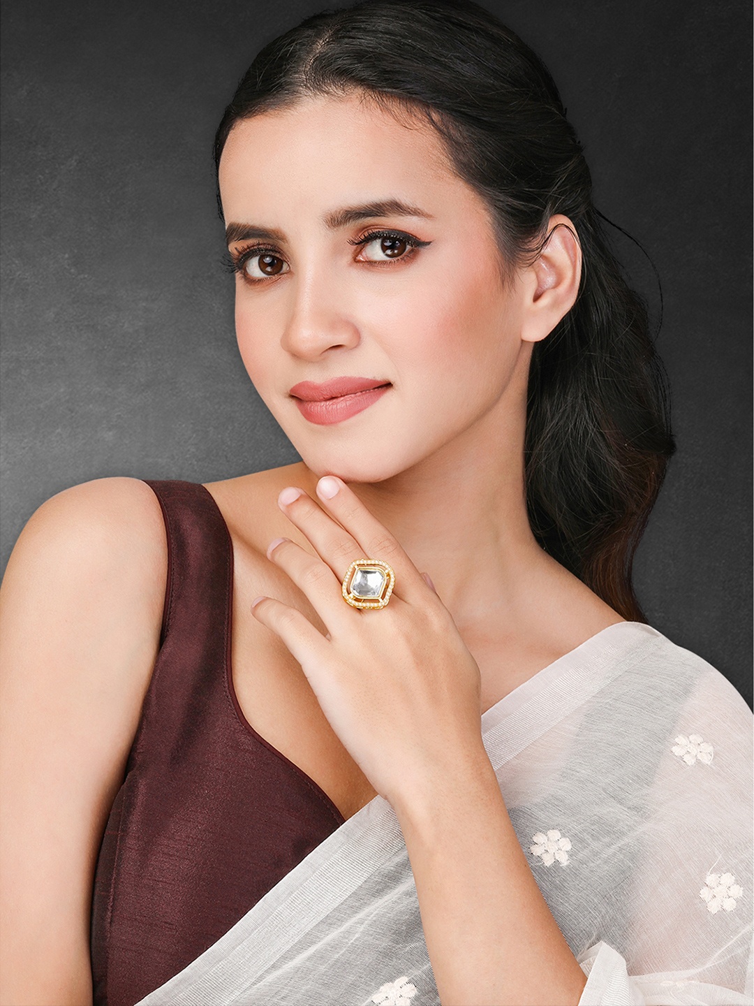 

Peora Gold-Plated Stone-Studded & Beaded Adjustable Finger Ring