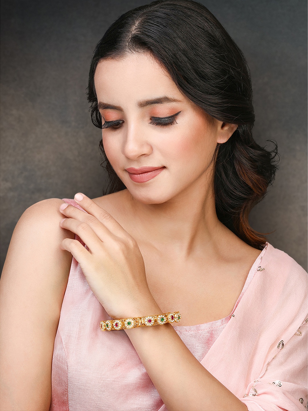 

Peora Gold-Plated Stone-Studded & Beaded Kada Bangle