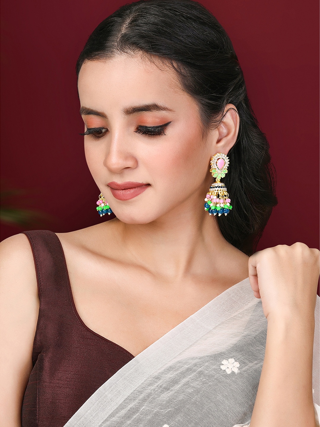

Peora Gold-Plated Artificial Beads Studded Contemporary Jhumkas Earrings, Pink
