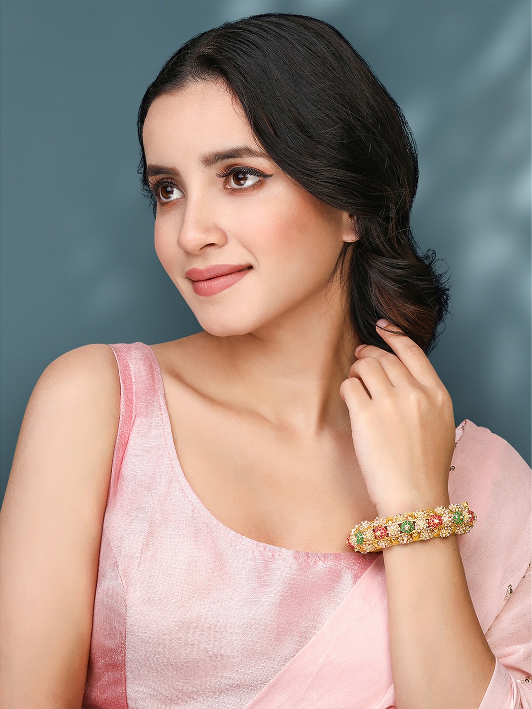 

Peora Gold-Plated Stone Studded & Beaded Kada Bangle