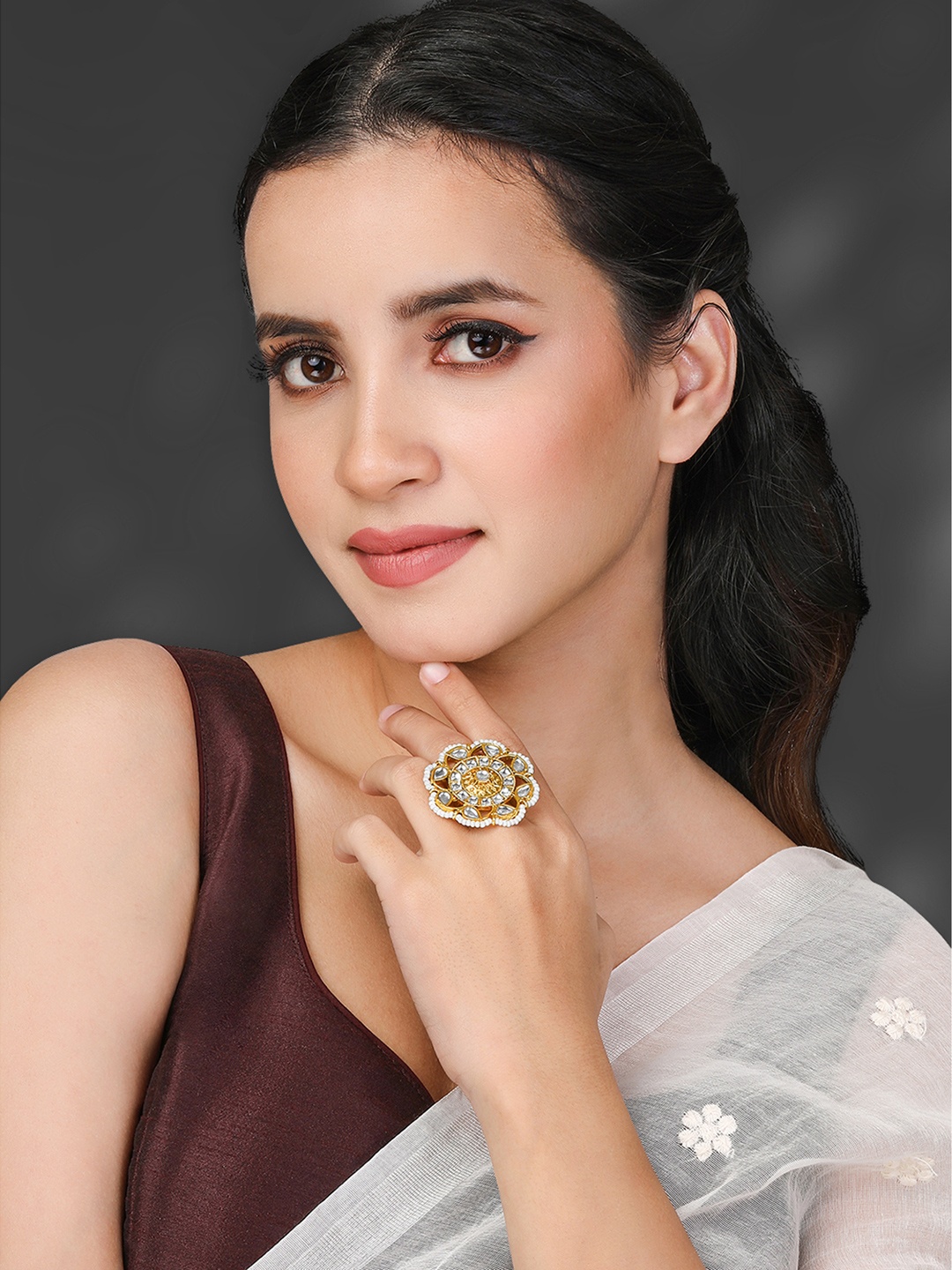 

Peora Gold-Plated Kundan Studded & Beaded Adjustable Finger Ring