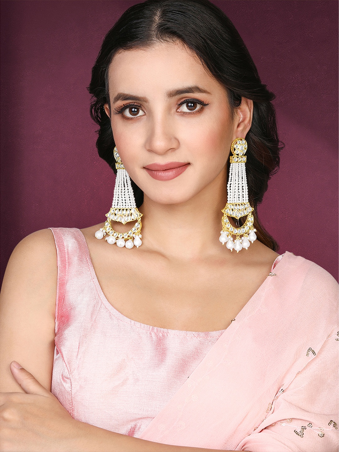 

Peora Gold-Plated Kundan Studded Contemporary Drop Earrings, White