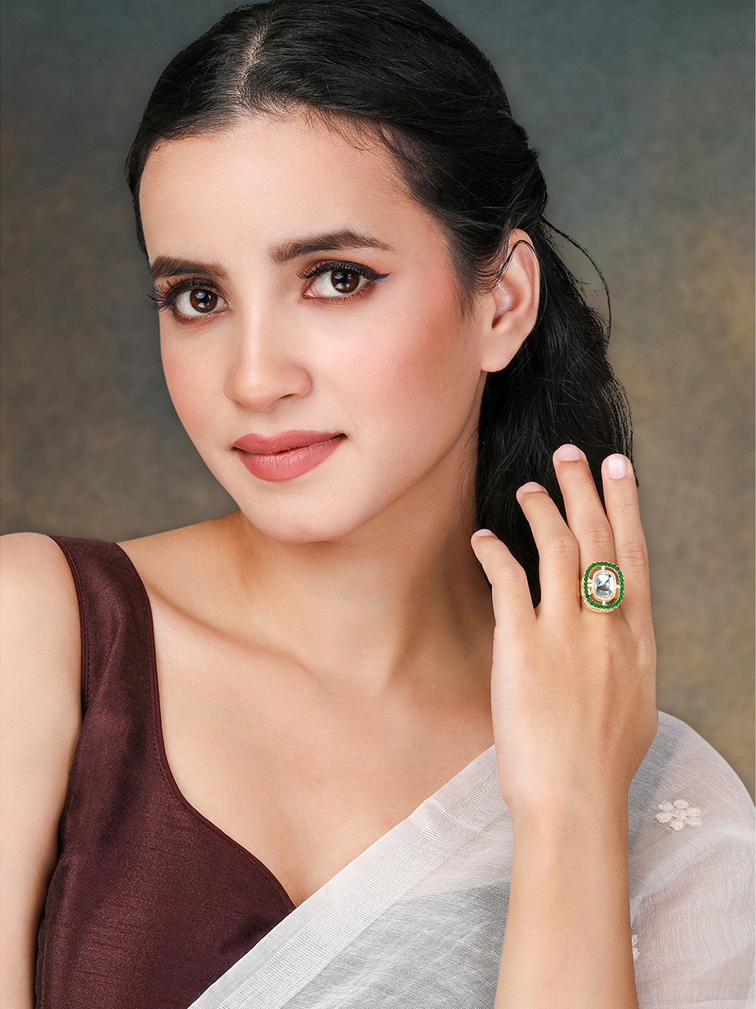 

Peora Gold-Plated Stone-Studded & Beaded Adjustable Finger Ring