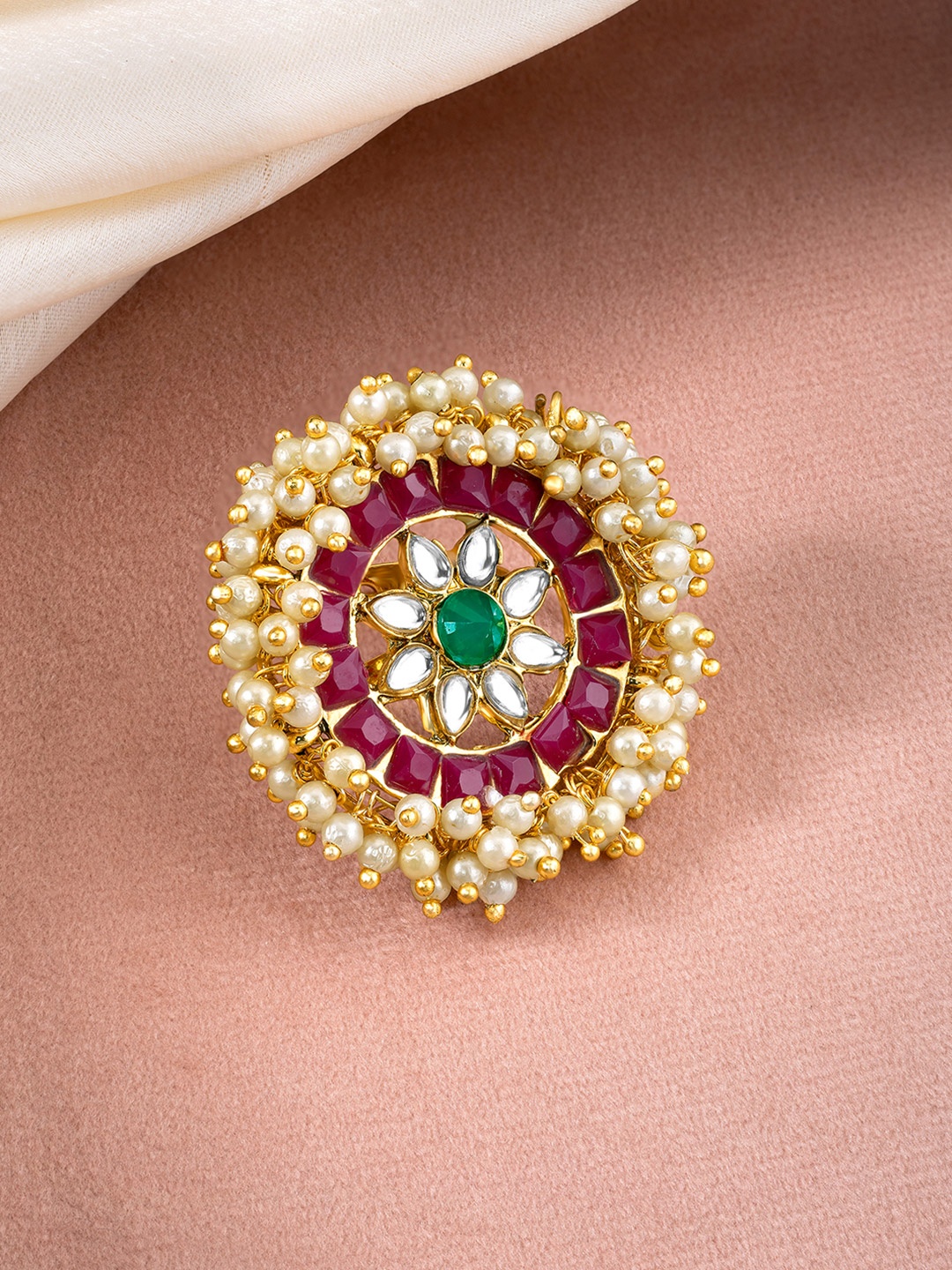 

Peora Gold-Plated Kundan Studded & Beaded Adjustable Finger Ring