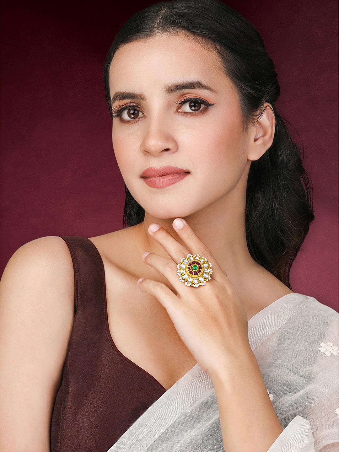 

Peora Gold-Plated Kundan Studded & Beaded Adjustable Finger Ring