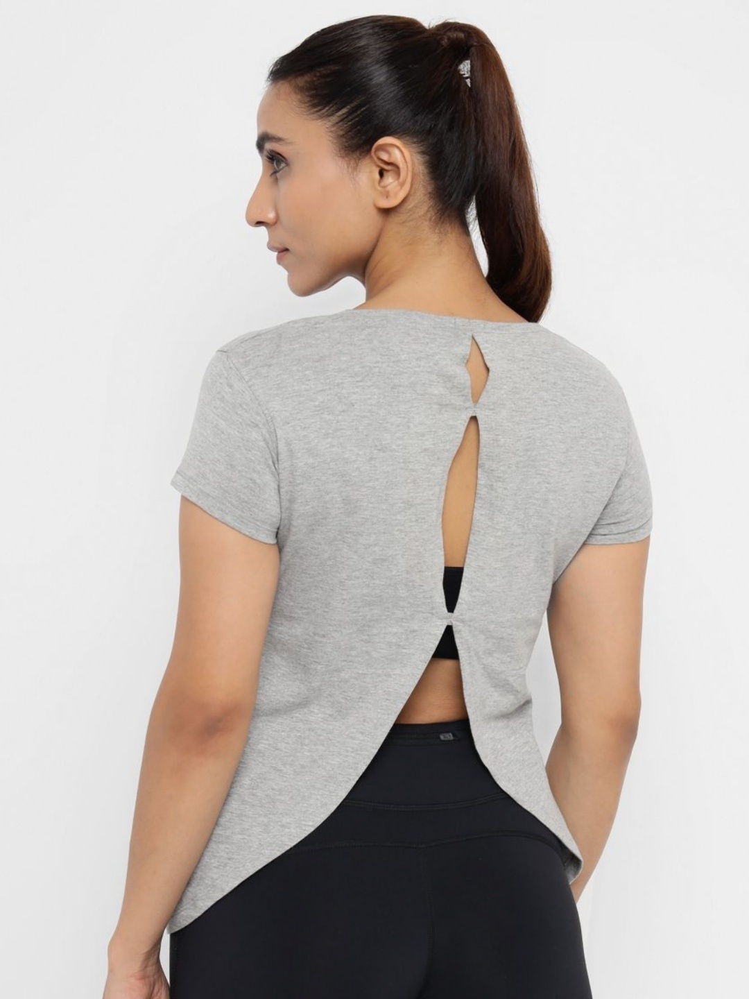 

appulse Slim Fit Round Neck Back Open Cotton T-shirt, Grey melange