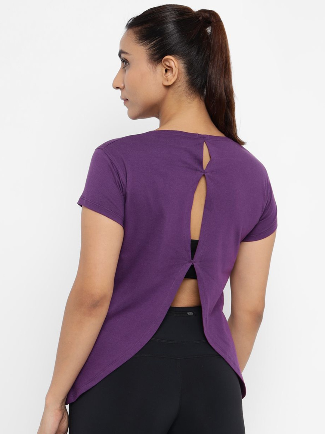 

appulse Slim Fit Round Neck Back Open Cotton T-shirt, Purple