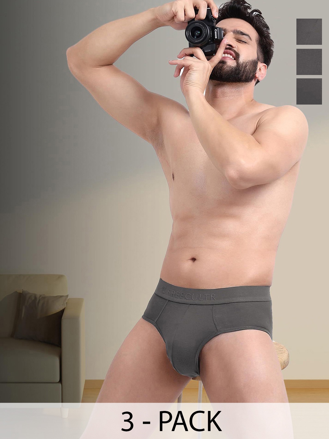 

FREECULTR Pack Of 3 Anti Bacterial Micromodal Basic Briefs, Grey