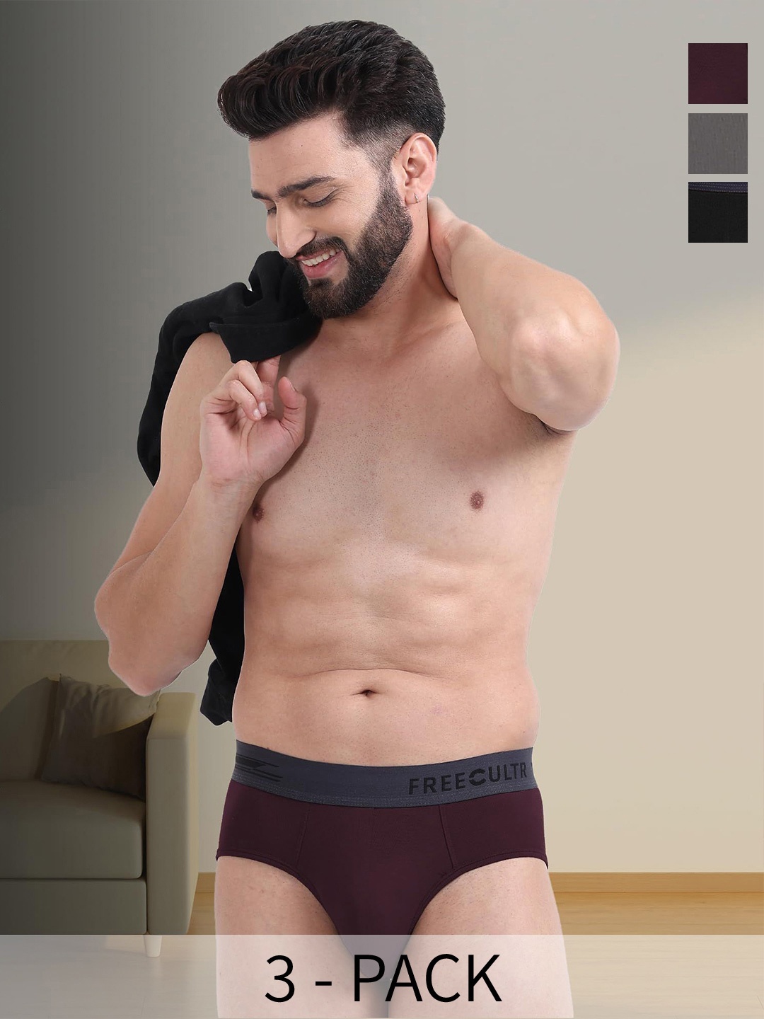 

FREECULTR Pack Of 3 Anti Bacterial Ribbed Basic Briefs, Maroon